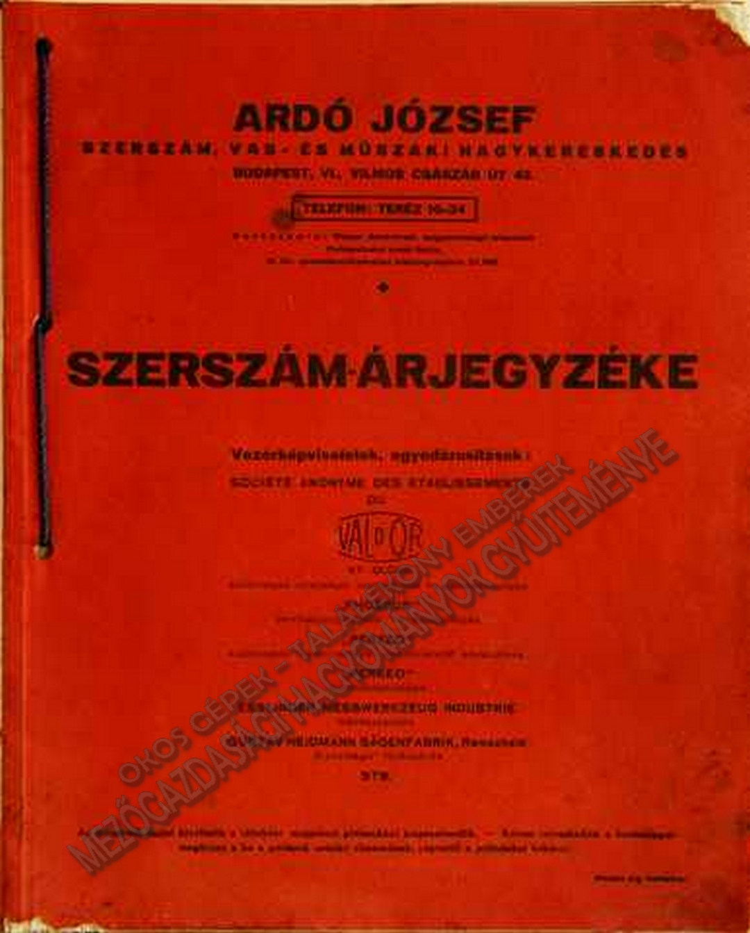Ardó József - Szerszám-árjegyzéke